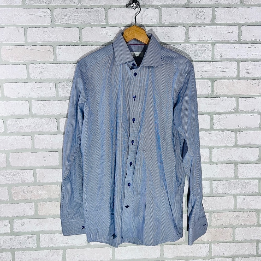 Eton of Sweden Contemporary Blue Checkered Long Sleeve Button Down Shirt Size 16 - Picture 3 of 8